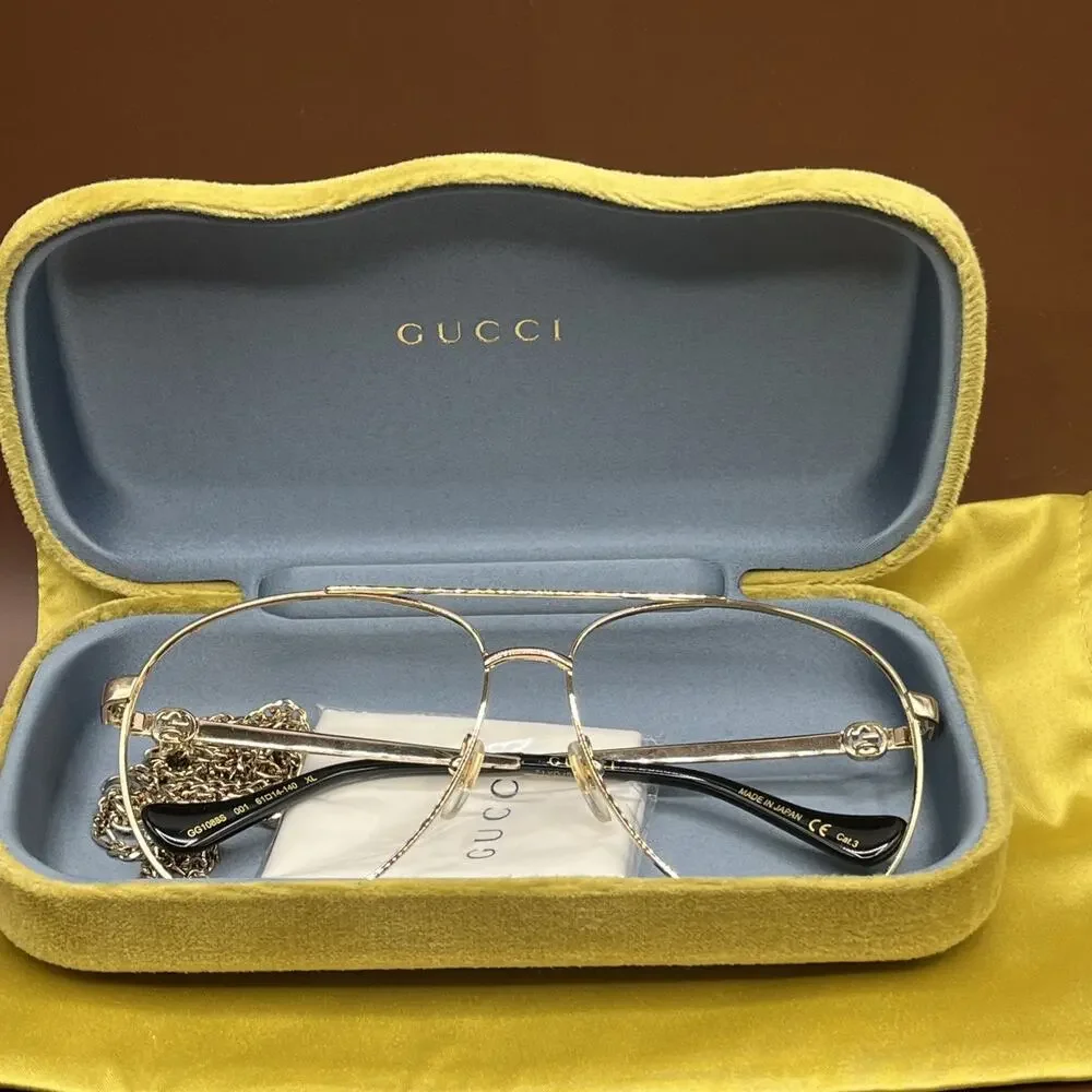 Gucci GG1088S 001 Sunglasses Frame For Parts Repair Gold Tone With Chain Case